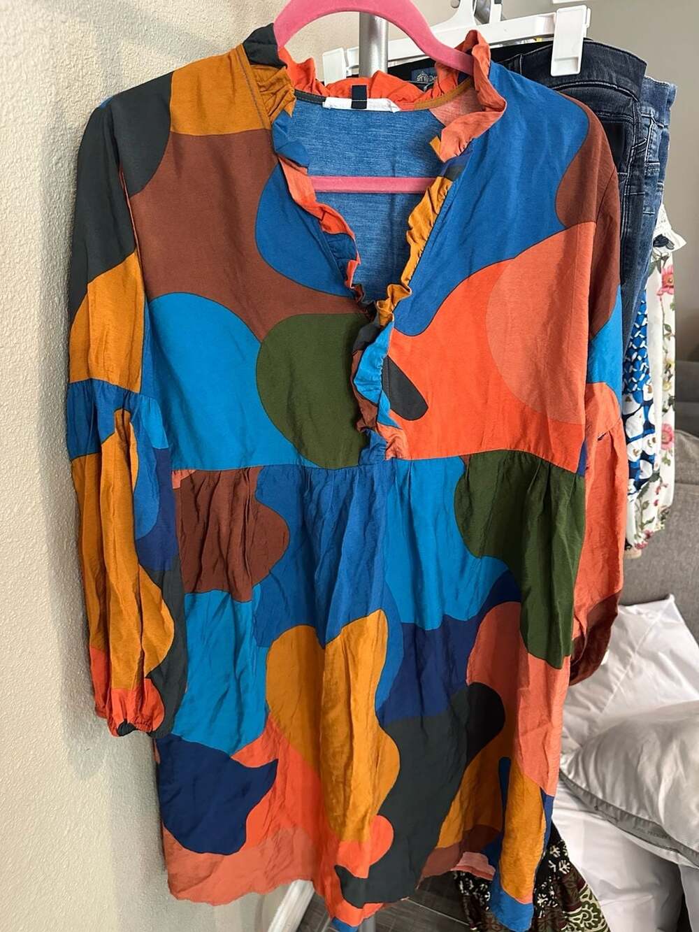 Michelle McDowell Multicolored Abstract Geometric Print Ruffle Neck Dress Size L